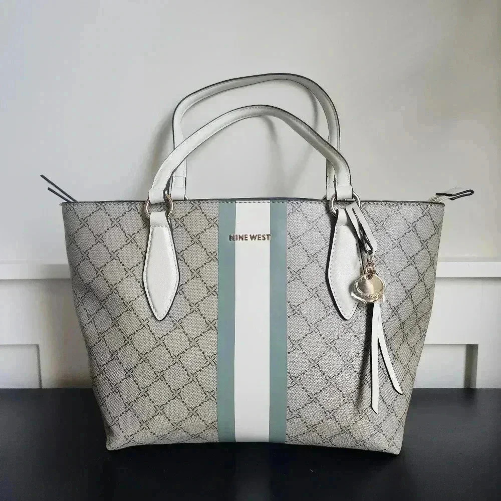 NWOT Nine West Paisley Small Tote in Blue/Green Logo/White